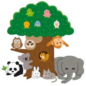 木の中や下に集まる動物のイラスト